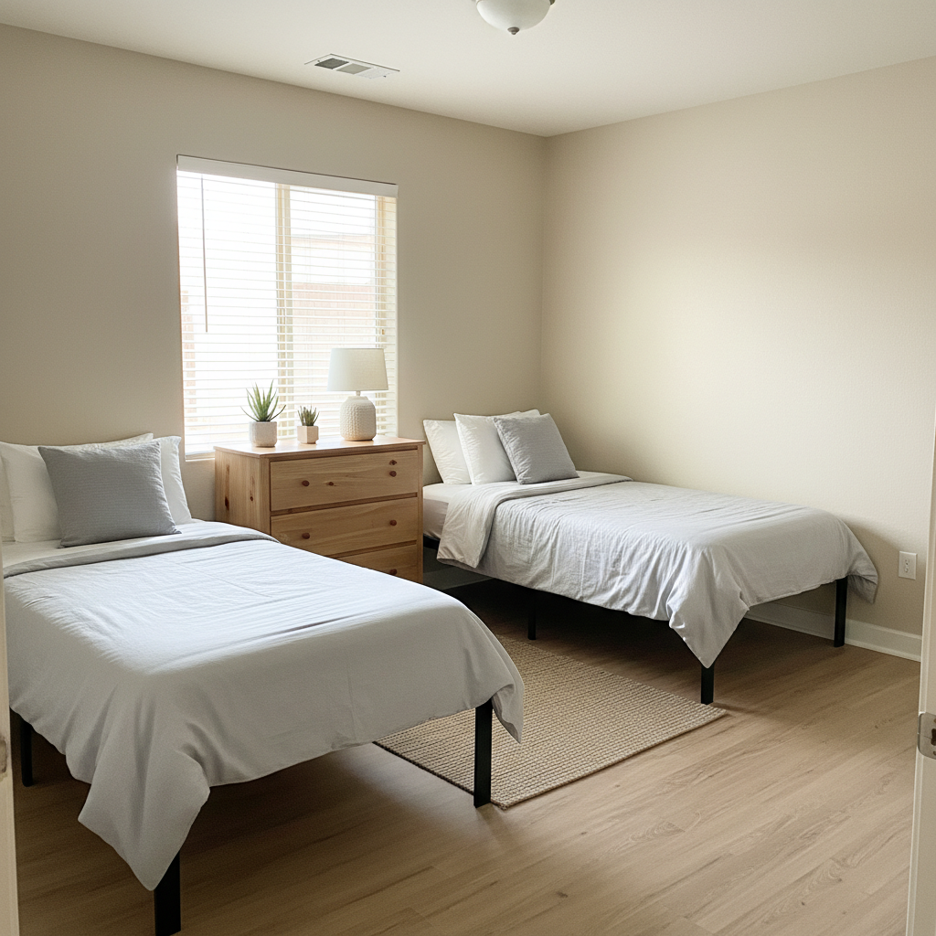 Furnished shared bedroom with two twin beds and natural light