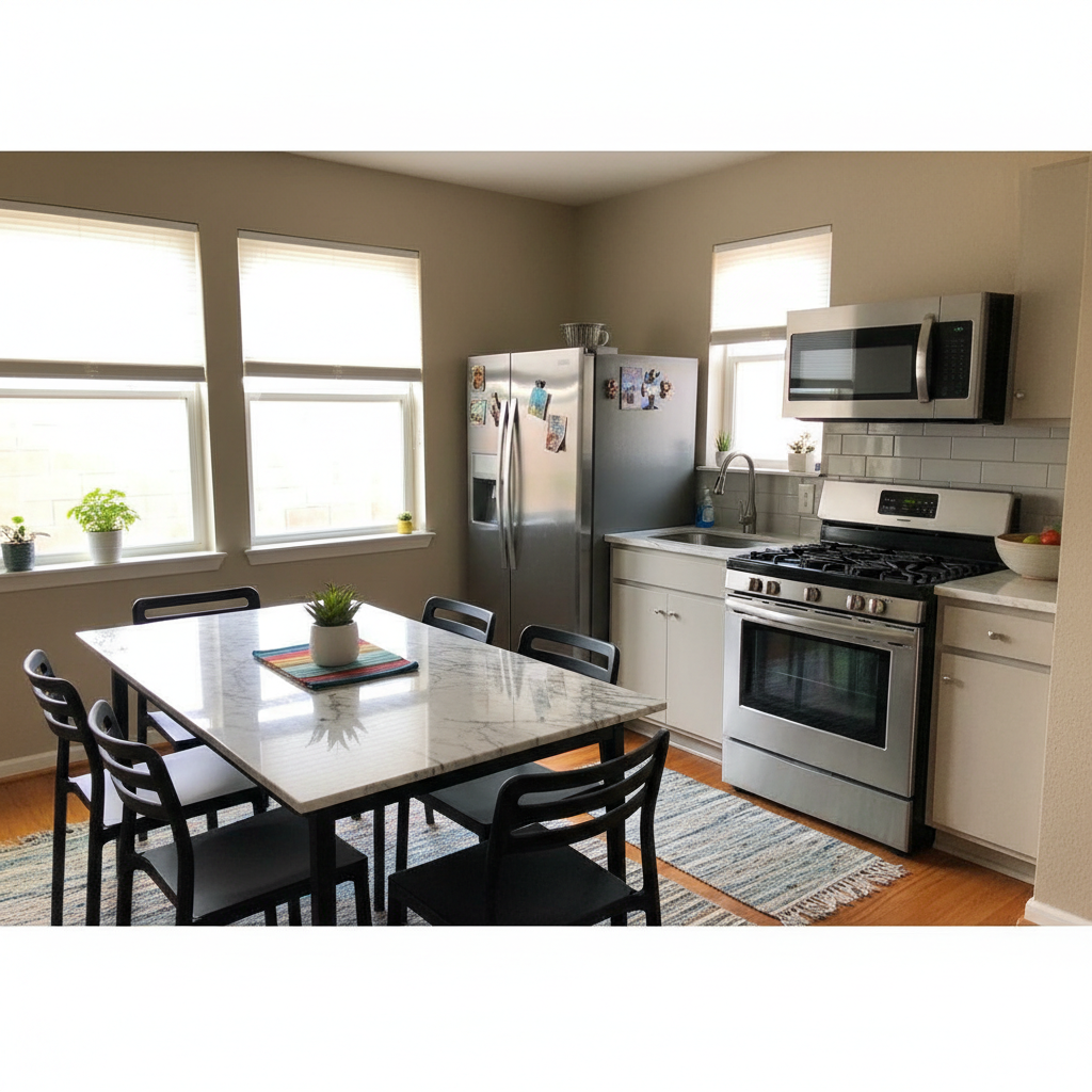 Shared kitchen and dining area in a Saney's Phoenix Rising home